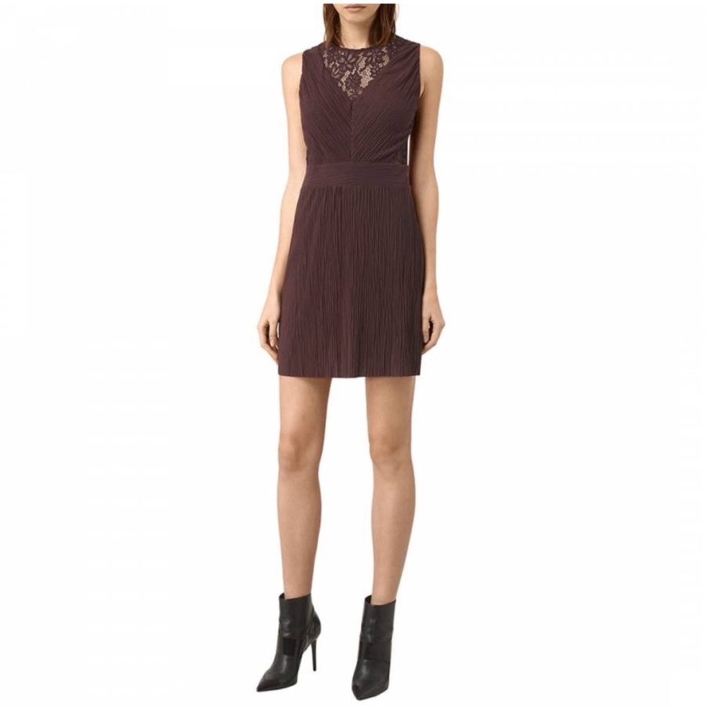 All Saints Ula Sleeveless Mini Dress Size M Lace Pleated Detail Brown Event